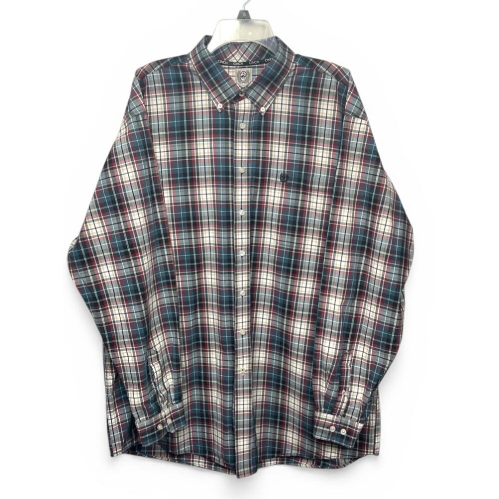 Cinch Men's Plaid Button-Down Shirt - Teal, Red & White XXL